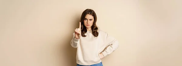 Serious Woman Show One Finger Stop Disapproval Sign Forbid Smth — Fotografia de Stock