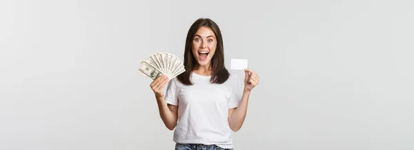 Excited Happy Brunette Girl Showing Credit Card Money Smiling White — Stock Photo, Image