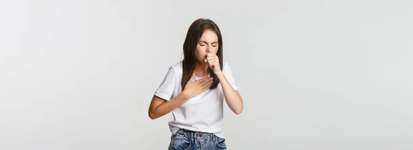 Young Woman Feeling Sick Coughing Have Covid Symptoms — Stock Photo, Image