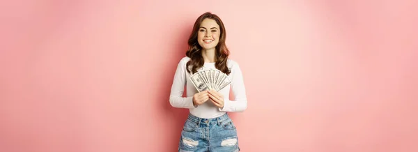 Loans Microcredit Smiling Beautiful Girl Showing Money Cash Hands Looking — Stock fotografie