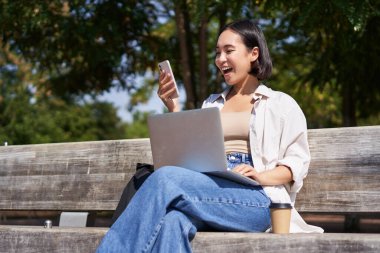 Sunny Park 'ta dizüstü bilgisayarla otururken akıllı telefonuna bakan heyecanlı Asyalı genç kız..
