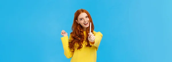 Author Your Own Future Cheerful Creative Excited Redhead Woman Giving — 스톡 사진
