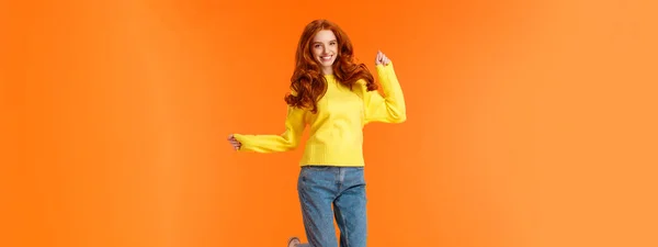 Vertical Full Length Portrait Cheerful Redhead Excited Girl Jumping Feeling — 스톡 사진