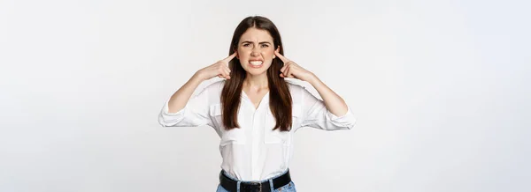 Annoyed Girl Shut Ears Loud Sound Discomfort Hearing Smth Noisy — 스톡 사진