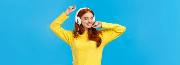 Carefree Charming Redhead Female Yellow Sweater Dancing Relaxed Joyful Hands — 스톡 사진
