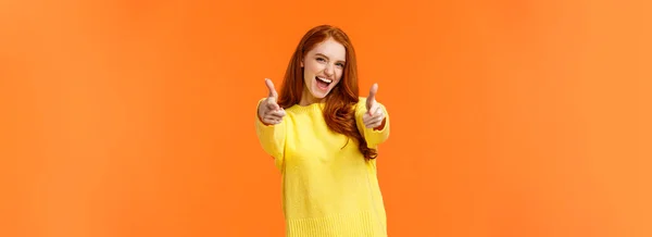 Excited Carefree Cool Modern Hipster Girl Red Hair Showing Thumbs — 스톡 사진