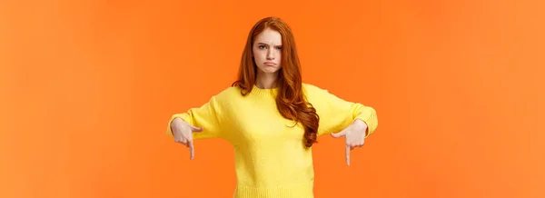 Mad Unsatisfied Cute Redhead Girlfriend Ginger Girl Yellow Sweater Frowning — Stock Photo, Image