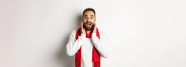 Christmas Holidays Celebration Concept Bearded Guy Looking Surprised New Year — Stock Photo, Image