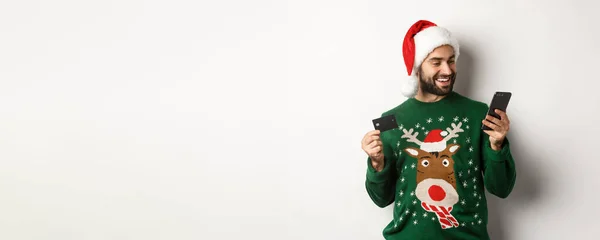 Año Nuevo Compras Línea Concepto Navidad Feliz Hombre Barbudo Compra — Foto de Stock
