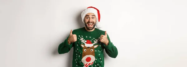 Christmas Holidays Celebration Party Concept Happy Bearded Guy Santa Hat — Stock Photo, Image