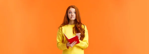 Troubled Redhead Caucasian Girl Forgot Appointment Remember Task Looking Notebook — 스톡 사진