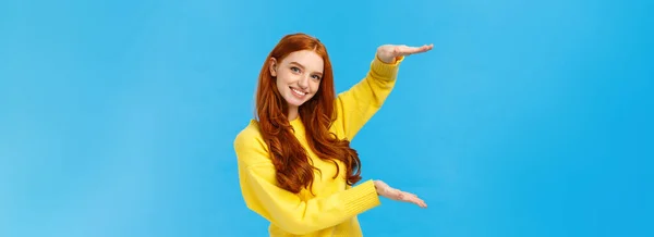 Cute Friendly Looking Caucasian Redhead Woman Shaping Large Object Hands — Stock Photo, Image
