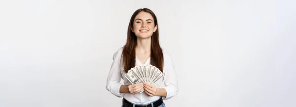 Portrait Beautiful Woman Holding Money Cash Smiling Pleased Standing White — Stockfoto