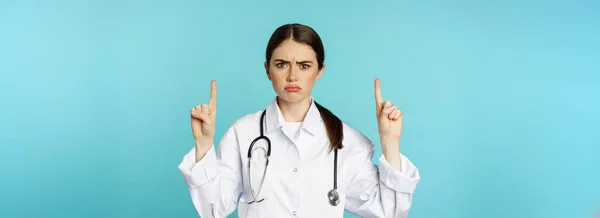 Sad Disappointed Healthcare Worker Doctor Pointing Fingers Frowning Upset Showing — Stock fotografie