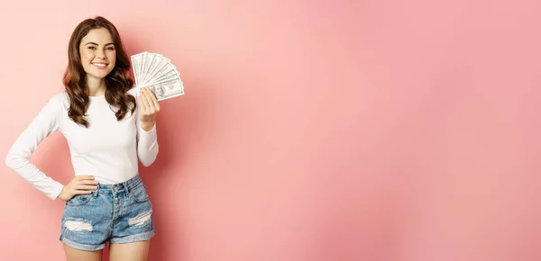 Attractive Young Woman Holding Money Cash Hands Concept Loans Microcredit — ストック写真