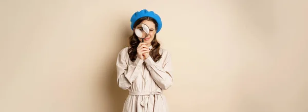 Concept Search Young Stylish Girl Detective Clothing Looking Magnifying Glass — стоковое фото