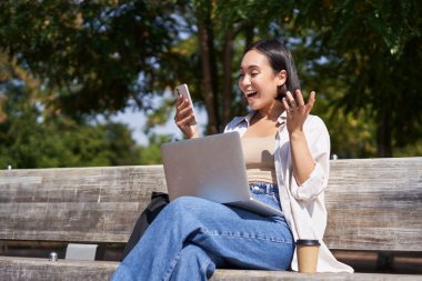 Sunny Park 'ta dizüstü bilgisayarla otururken akıllı telefonuna bakan heyecanlı Asyalı genç kız..