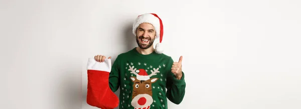 Xmas Winter Holidays Concept Happy Pleased Man Santa Hat Liking — Stock Photo, Image