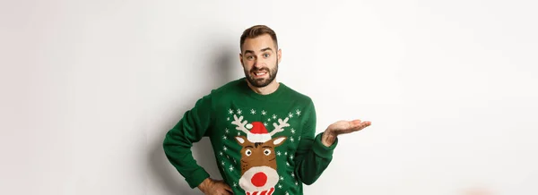 New Year Holidays Celebration Confused Bearded Guy Funny Sweater Shrugging — Stock Photo, Image