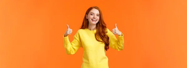 Holidays Gestures People Concept Cheerful Cute Redhead Girl Smiling Showing — Stock Photo, Image