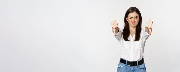 Disappointed Adult Corporate Woman Showing Thubms Dislike Gesture Negative Feedback — Stock Photo, Image