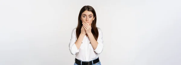 Shocked Young Female Model Gasping Covering Mouth Looking Startled Camera — Stok fotoğraf