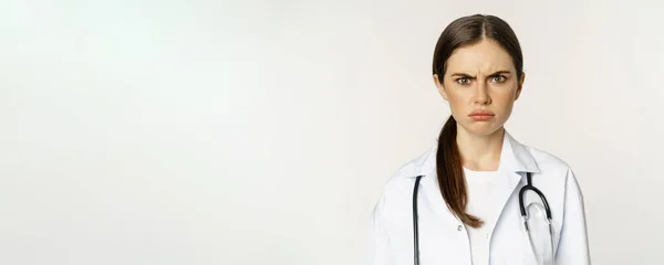 Angry Upset Young Woman Doctor Female Healthcare Worker Sulking Frowning — Zdjęcie stockowe