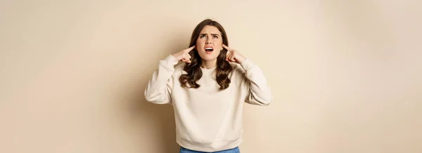 Annoyed Angry Woman Shut Ears Complaining Loud Noisy Music Noise — Foto de Stock