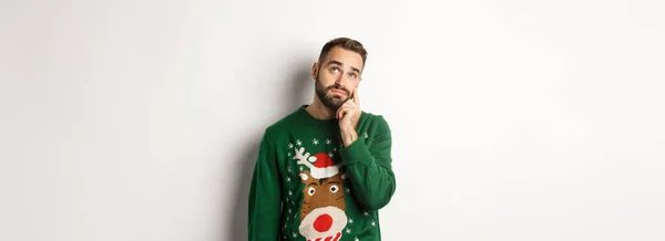 New Year Holidays Celebration Sad Young Man Beard Wearing Green — Stock Photo, Image