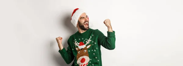Christmas Holidays Celebration Party Concept Happy Guy Santa Hat Sweater — Stock Photo, Image