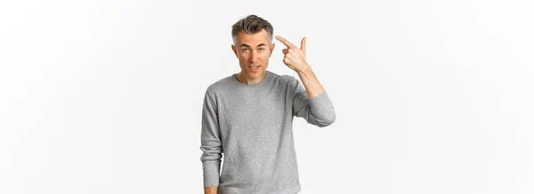 Image Skeptical Middle Aged Man Scolding Someone Stupid Mistake Pointing — Stock Photo, Image
