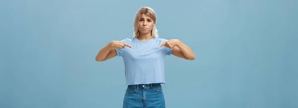 Sad Cute Blonde Young Female Complaining Being Displeased Own Body — Stock Photo, Image