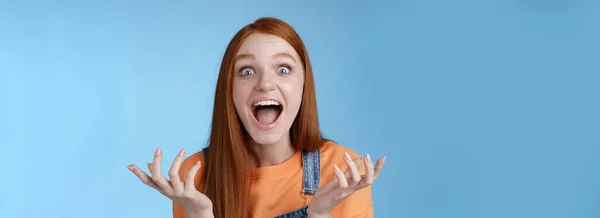 Extremely Happy Good Looking Caucasian Redhead Girl Reacting Awesome Fantastic — Stock Photo, Image