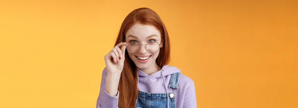Charming Silly Modest Young Redhead Female Geek Game Lover Discus — Stock Photo, Image