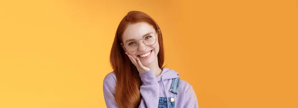 Smiling Satisfied Happy Redhead Girl Get Rid Acne Delighted Touching — Stock Photo, Image