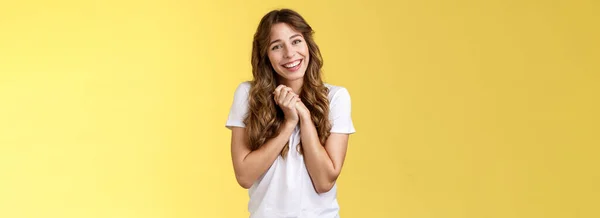 Tender Lovely Cute Curly Haired Girlfriend Sighing Happily Clasp Hands — Stock Photo, Image