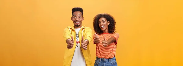 Two Friends Perfect Awesome Plan Portrait Joyful Friendly Looking Optimistic — Stock Photo, Image