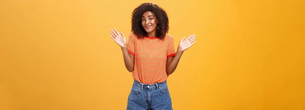 Idea Care Careless Indifferent Calm Happy African American Woman Curly — Stock Photo, Image