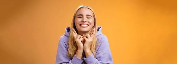 Charming Lucky Cute Young Happy Hopeful Blond Girl Close Eyes — Stock Photo, Image