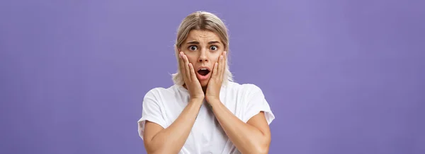 Shocked Worried Silly European Woman Expressing Empathy Feeling Sorry Poor — Stock Photo, Image