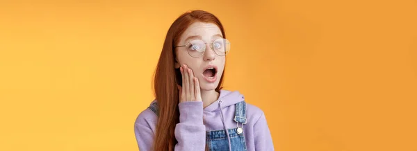 Shocked Impressed Speechless Young Redhead Sensitive European Girl Glasses Wearing — Stock Photo, Image