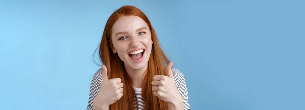 Enthusiastic Amused Outgoing Redhead Beautiful Girl Say Yeah Supportive Awesome — Stock Photo, Image