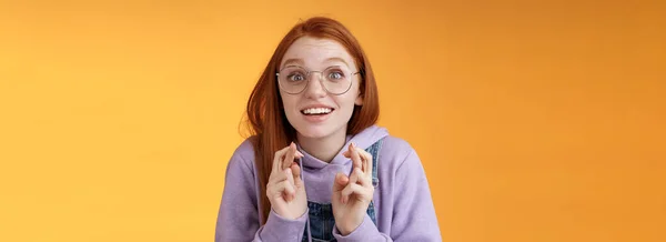 Girl Excited Watching Results Cross Fingers Good Luck Cheering Favorite — Stock Photo, Image