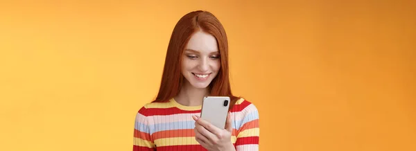 Charming Modern Redhead Girl College Student Checking Message Box Holding — Stock Photo, Image