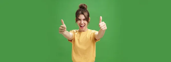 Portrait Cheerful Enthusiastic Excited Emotive Beautiful European Woman Yellow Shirt — Stock Photo, Image