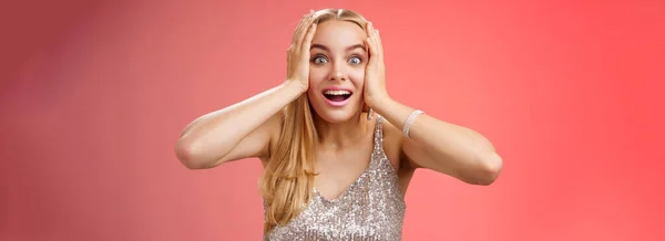 Amused Surprised Excited Young Blond Attractive Woman Silver Glittering Stylish — Stock Photo, Image