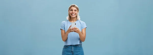 Satisfied Happy Carefree Young Attractive Blonde Woman Casual Outfit Smiling — Stock Photo, Image