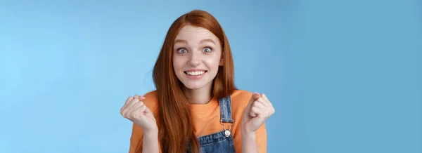 Excited Happy Young Female Coworker Receive Excellent Opportunity Triumphing Gladly — Stock Photo, Image