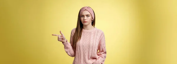 Pissed Puzzled Young Attractive Arrogant Moody Girlfriend Sweater Headband Looking — Zdjęcie stockowe