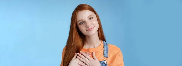 Touched Romantic Tender Cute Redhead Feminine Girl Blue Eyes Tilting — Stock Photo, Image